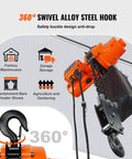 Orange electric chain hoist with 360° swivel alloy-steel hook and chain.