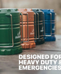 4 Pack Multicolor Camping Lanterns for power outages displayed in blue, green, and orange with text 'Designed for Heavy Duty & Emergencies'.