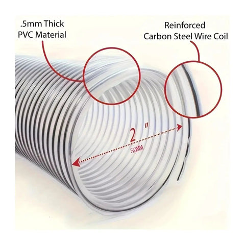 Heavy Duty 50 Mm Vacuum Cleaner Flex Hose With Quick Rebound Pvc Bellows No Hassle Dust Extractor Pipe For Woodworking Shops And Sneaky Nook Cleaning 2 Meter Lightweight Shop Vac Extension showcasing .5mm thick PVC material and reinforced steel coil.