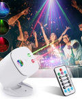 Sound Activated Laser Party Lights For DJs And Home Parties with RG Sunset Light Effect, showing remote and party scene.