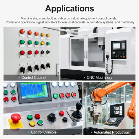Applications of Industrial 22mm LED Indicator Light 220V AC Pilot Signal Lamp in control cabinets and CNC machinery panels.