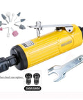 Compact Air Die Grinder With One Quarter And One Eighth Collets Grinds Out Lightning Speed At 22000 RPM, yellow tool with various grind bits.