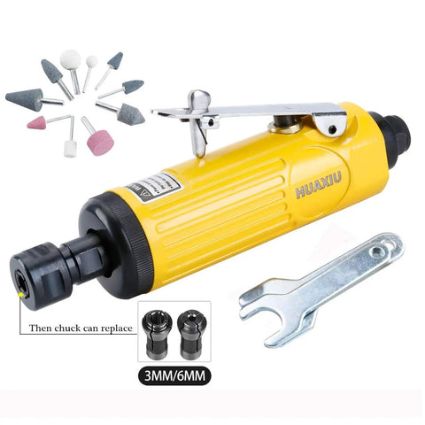 Compact Air Die Grinder With One Quarter And One Eighth Collets Grinds Out Lightning Speed At 22000 RPM, yellow tool with various grind bits.
