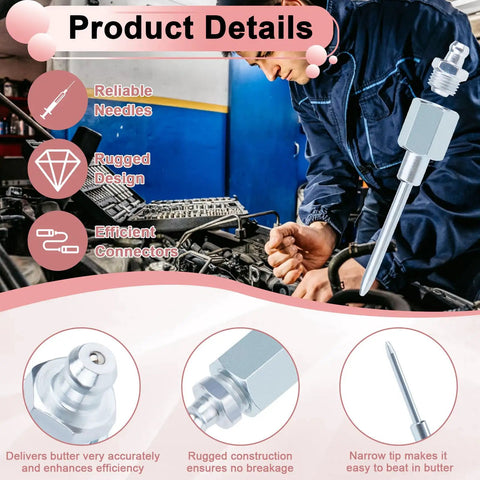 7Pcs Grease Gun Needle Tips Kit With 5 Nozzles, 1 Needle Dispenser, And 1 Rubber Adapter, shown near vehicle engine for precision use
