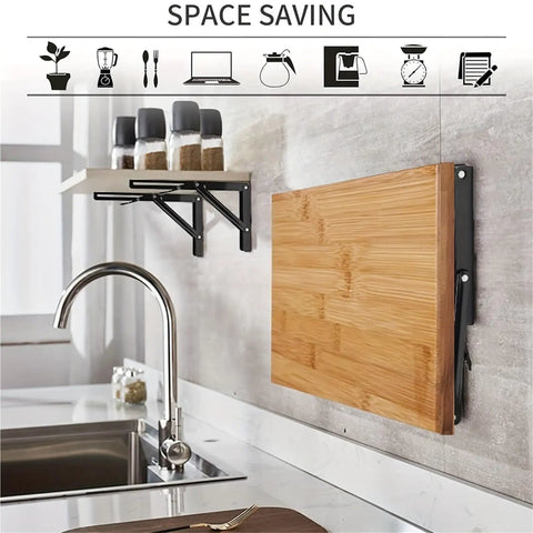 Pair Of Heavy Duty Folding Shelf Brackets, Rock-Solid No-Fuss Triangle Wall Mounted Brackets For Tools And Shelves, Space Saving Fold-Up Support, 30 X 16.3 Cm, Sturdy Steel Construction shown with wooden board in kitchen.