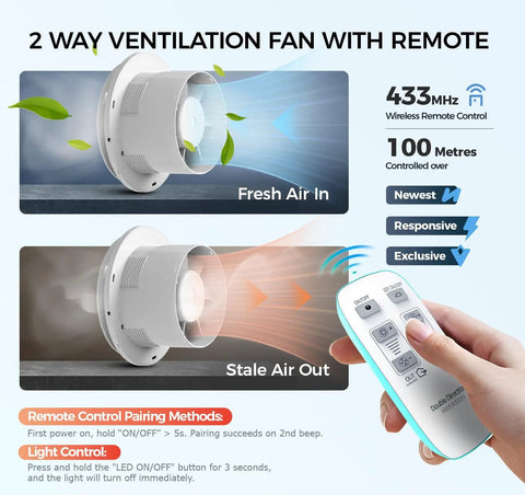 Bathroom Exhaust Fan With Light And RGB Lights All In One Remote Control 2 Way Air Circulation close-up with remote control