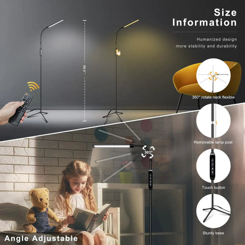LED Floor Lamp With Remote Control For Eyelash Extensions And Makeup, Gooseneck Dimmable Standing Reading Lamp setup and features