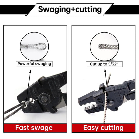 14 Inch Hand Swager Crimper for aluminum and copper cable sleeves and ferrules, demonstrating fast swage and easy cutting features