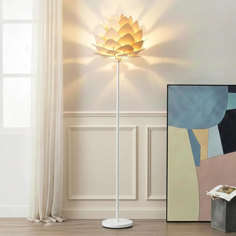 Artichoke Design 68 Inch Tall Free Standing LED Floor Lamp With Multi Panel Wooden Shade illuminating a modern living room corner
