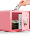 Kids Mini Safe Cash Box Pink Macaron With Coin And Bill Slot Keypad And Key Lock USB Backup Cute DIY Stickers And Kid Friendly Design For Home Or Desk Use Durable open with money being inserted