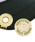 Funny Goose Golf Ball Marker With Magnetic Hat Clip For Golfers on a black cap, gold-plated with goose engraving.
