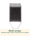 Close-up of stainless steel bristles and scraper on 16.5-Inch Long Handle Stainless Steel Grill Cleaner Brush And Scraper For BBQ Griddle And Outdoor Grills.
