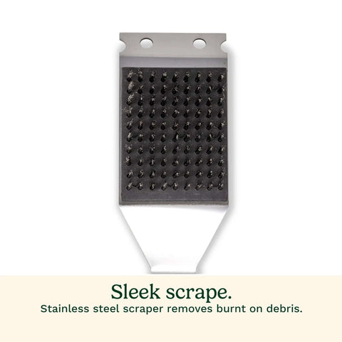 Close-up of stainless steel bristles and scraper on 16.5-Inch Long Handle Stainless Steel Grill Cleaner Brush And Scraper For BBQ Griddle And Outdoor Grills.