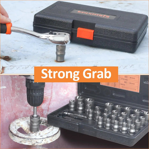 32 Piece Bolt Extractor And Nut Remover Set for impact removal shown with storage case and tools in use