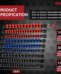 Heavy Duty ABS Socket Organizer Rack With Nine Piece Set For One Half Inch Three Eighth Inch And One Quarter Inch Drives Holds Thirty Six Forty Five And Forty Eight Sockets Premium Quality Clip Rail Tool Tray For Garage Or Shop Organization, showing socket rail specifications and sizes.