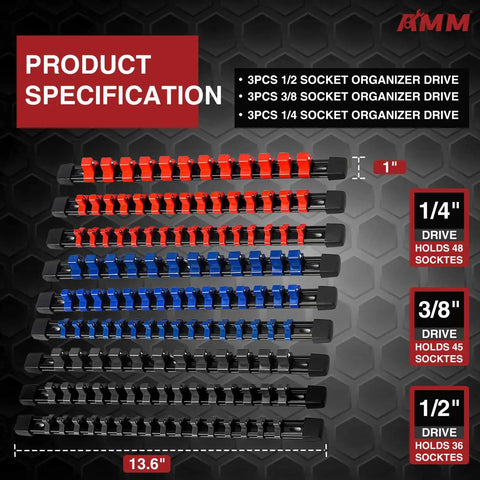 Heavy Duty ABS Socket Organizer Rack With Nine Piece Set For One Half Inch Three Eighth Inch And One Quarter Inch Drives Holds Thirty Six Forty Five And Forty Eight Sockets Premium Quality Clip Rail Tool Tray For Garage Or Shop Organization, showing socket rail specifications and sizes.