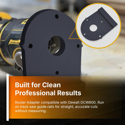 Router Rail Adapter For DeWalt DCW600 shown mounted on a trim router, includes a detailed insert view of the accessory.