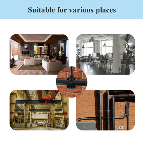 Four images showing varied uses of Six Inch Nylon Cable Ties With Saddle Mounts Base Kit And Screws for organization.