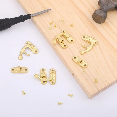 Hella Smooth Swing Arm Latches For Jewelry Boxes Top Shelf Antique Gold Clasps With No Sweat Setup On Mini Cabinets And Craft Drawers Totally Legit Vintage Hardware on wood with screws.