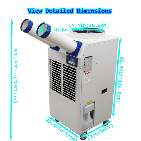 Built Tough Industrial Portable Air Conditioner Crushes That Summer Heat In Warehouses And Workshops 110V 18700BTU with dual exhaust hoses and control panel.