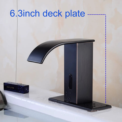 Motion Activated Touchless Waterfall Bathroom Faucet With Square Body Hands Free Tap Matte Black Finish Easy Install Hygienic Sensor Sink Mixer For Modern Bathrooms with 6.3-inch deck plate visible on a bathroom sink