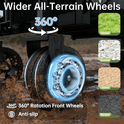 Wider all-terrain wheels of Extra Long Collapsible Utility Wagon Cart With All Terrain Wheels Heavy Duty 480 Lb Haul Capacity