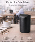 Tiny Matte Black Desktop Trash Can With Lid For Office Desk And Vanity 1.5 Liter Countertop Waste Bin on cafe table