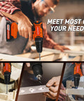 Person using 20V Cordless Drill And 120 Piece Home Tool Kit With Plastic Toolbox, DIY Project Essential Set for woodwork.