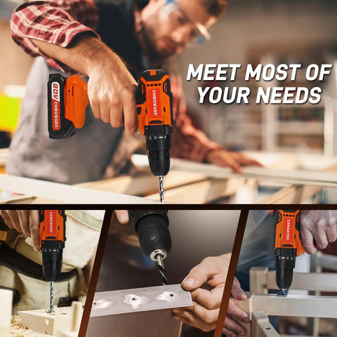 Person using 20V Cordless Drill And 120 Piece Home Tool Kit With Plastic Toolbox, DIY Project Essential Set for woodwork.