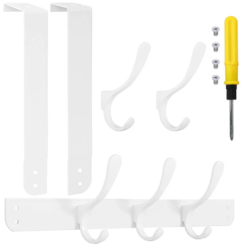 Over The Door Hook Rack With Five Double Hooks For Hanging Clothes Towels Coats And Hats Modern Door Organizer With Easy Install White Finish And Color Variants Available, showing white hooks and components, screwdriver included.