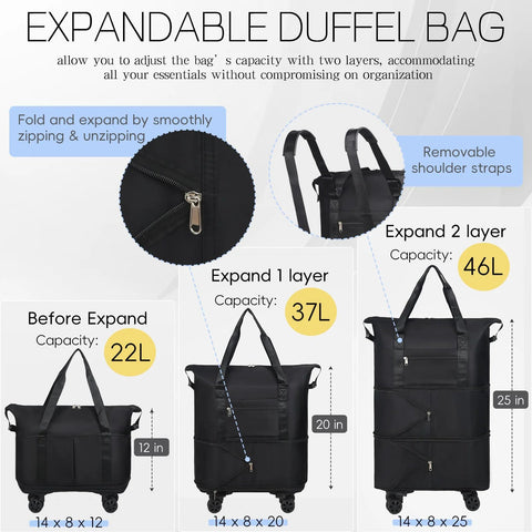 Amazon VOOWO black expandable wheeled duffel bag; expandable from 22L to 46L, travel carry-on luggage with wheels.