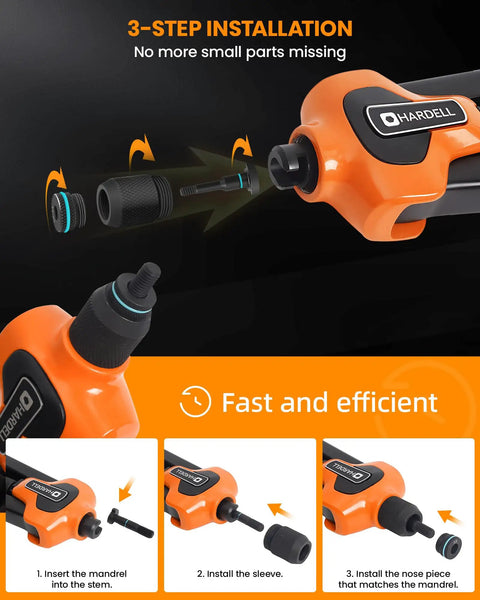 Get Your Hands On This Hardell 16 Inch Rivnut Tool Kit That Lets You Swap Mandrels Effortlessly With Zero Mess And Comes Packed With 110 Solid Nutserts Plus 11 Mandrels For M3 All The Way To M12 Making Any Metal Job A Breeze.; 3-step mandrel install on orange Hardell rivnut tool