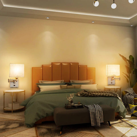 Bedroom with dimmable wall sconce with swing arm, two plug-in wall lamps flanking bed, USB ports visible, 7.1 inch reading light.