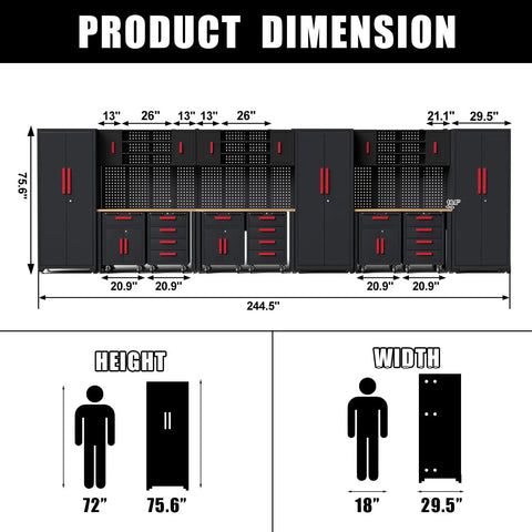 Product dimensions of Top Shelf Heavy Duty Steel Garage Storage Cabinet System With Smooth Rolling Tool Chest And Secure Locking Drawers.