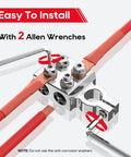 Rig Ready 8 Way Battery Terminal Connector Pair With Positive And Negative Posts Featuring Four Direct Wire Ports Plus M8 Studs for installation with wires and Allen wrenches.