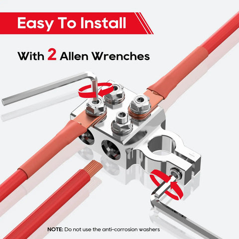 Rig Ready 8 Way Battery Terminal Connector Pair With Positive And Negative Posts Featuring Four Direct Wire Ports Plus M8 Studs for installation with wires and Allen wrenches.
