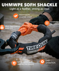 Soft Shackle Winch Recovery Ring Kit Orange Offroad Gear Half Inch By Twenty Two Inch With 60,600 Lbs Breaking Strength UHMWPE Rope Shackle Snatch Ring For SUV ATV UTV 4x4 Truck Two Pack showing UHMWPE fiber and protective sleeve in use