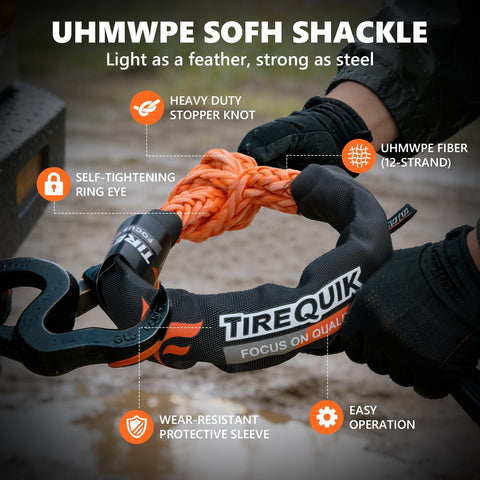 Soft Shackle Winch Recovery Ring Kit Orange Offroad Gear Half Inch By Twenty Two Inch With 60,600 Lbs Breaking Strength UHMWPE Rope Shackle Snatch Ring For SUV ATV UTV 4x4 Truck Two Pack showing UHMWPE fiber and protective sleeve in use