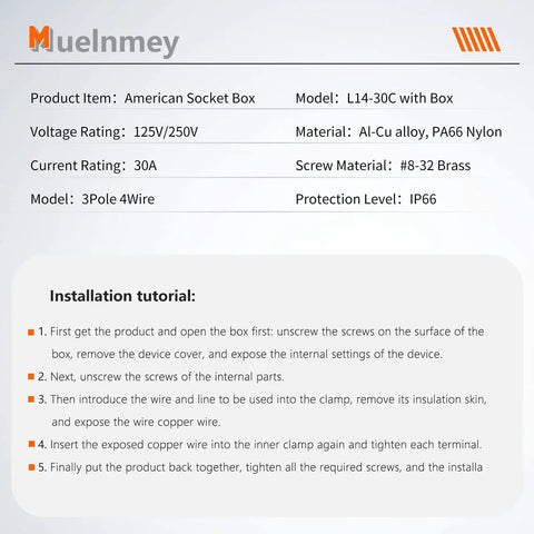 Installation guide for Outdoor Ready 30 Amp Nema L14 30C Locking Female Connector Power Box 125 250 Volt Weatherproof Dustproof