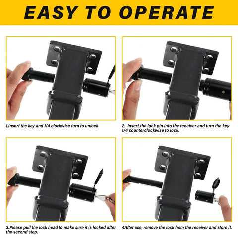 Heavy Duty Five Eighth Inch Hitch Lock Pin For Two Inch Receiver Tubes Fits Class III IV Trailer Hitches, Solid Steel With 360 Degree Rotating Head, shown in four-step installation process.