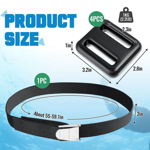 Diagram of 4 Pcs 2.2 Lb Dive Weights Belt For Scuba Diving With Coated Weights Nylon Belt And Metal Quick Release Buckle.
