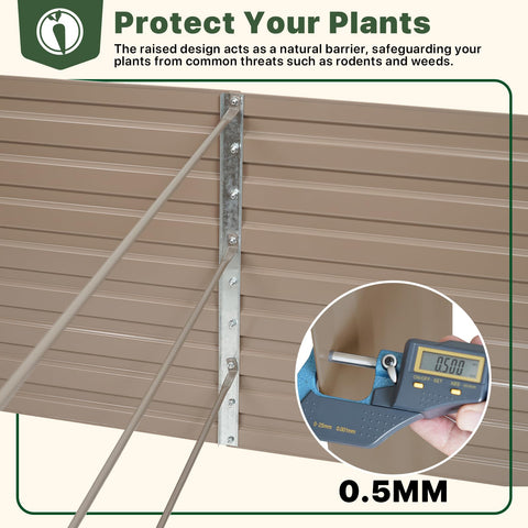 Close-up of galvanized raised garden bed kit showing metal thickness measurement at 0.5mm with protective design features.