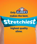 Person stretching blue slime with text promoting Elmer's high-quality slime, ideal for kid-friendly projects with White Liquid School Glue 1 Gallon.