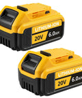Rugged 6.0Ah 20 Volt Rechargeable Battery 2 Pack Compatible With DeWalt Power Tools And Fast Chargers Replace DCB206 DCB205 on white background.