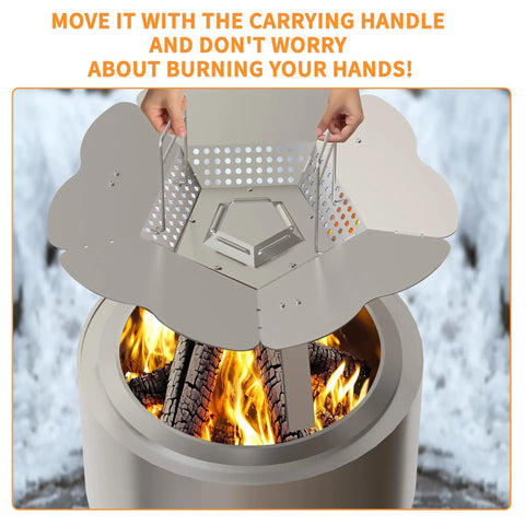 Heat Deflector For Yukon 27 Inch Stove Premium 304 Stainless Steel Heat Diffuser With Handle and Leg shown in use.