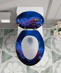 Tropical Beach Thatched Roof Umbrella Pattern Elongated Resin Toilet Seat With Butter Smooth Soft Close Lid Quick Release Hinges Bottom Mount For American Standard Toilets Easy Peasy Wipe Down on white toilet