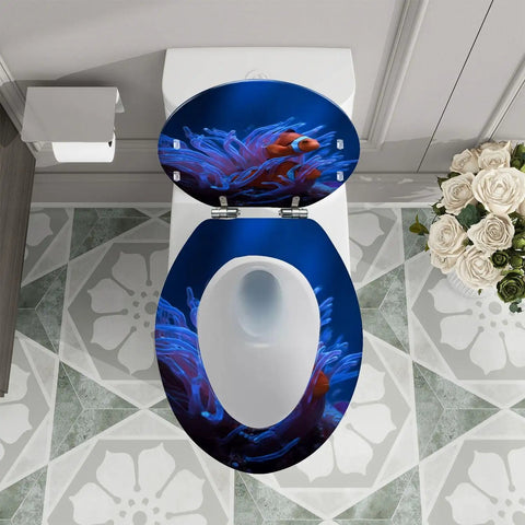 Tropical Beach Thatched Roof Umbrella Pattern Elongated Resin Toilet Seat With Butter Smooth Soft Close Lid Quick Release Hinges Bottom Mount For American Standard Toilets Easy Peasy Wipe Down on white toilet