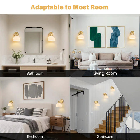 BELVM Vintage Milk Glass Wall Sconce Set of 2 - Gold Bathroom Wall Lights in bathroom, living room, bedroom, and staircase.