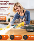 2500 Watt Handheld Steam Cleaner With One Point Eight Quart Tank And Ten Attachments For Grout Range Hood Tile Upholstery Car Detailing High Temp Cleaning Machine For Home Use with woman cleaning kitchen countertop.