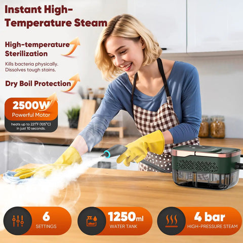 2500 Watt Handheld Steam Cleaner With One Point Eight Quart Tank And Ten Attachments For Grout Range Hood Tile Upholstery Car Detailing High Temp Cleaning Machine For Home Use with woman cleaning kitchen countertop.